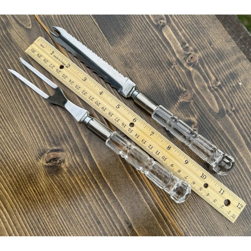 Vintage Lucite Carving Set Serrated Knife Fork MCM Acrylic Handle Japan